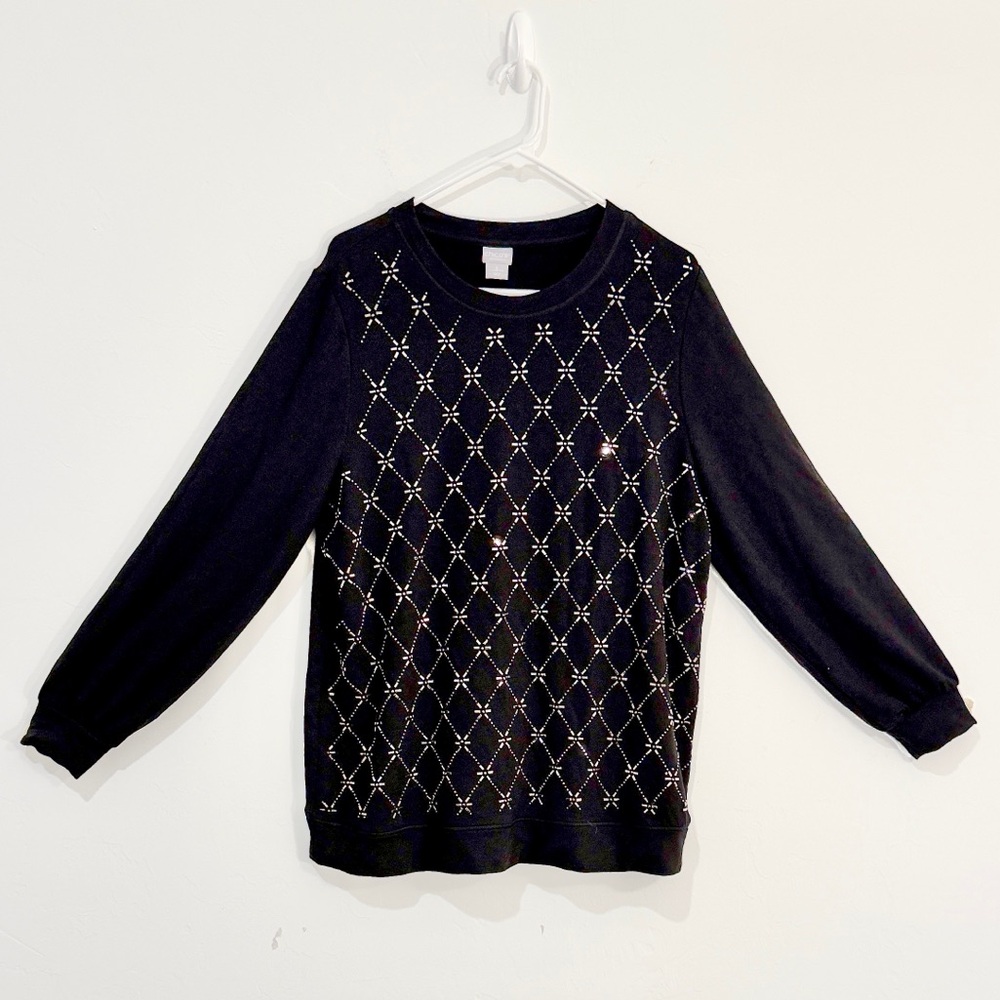 Chico’s Black Tunic Top Silver Embellished Long Sleeve size L
